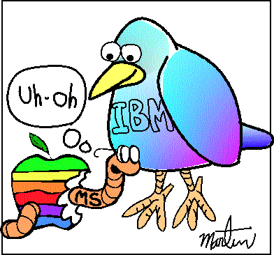 [Bluebird catching the MS worm in the Apple]